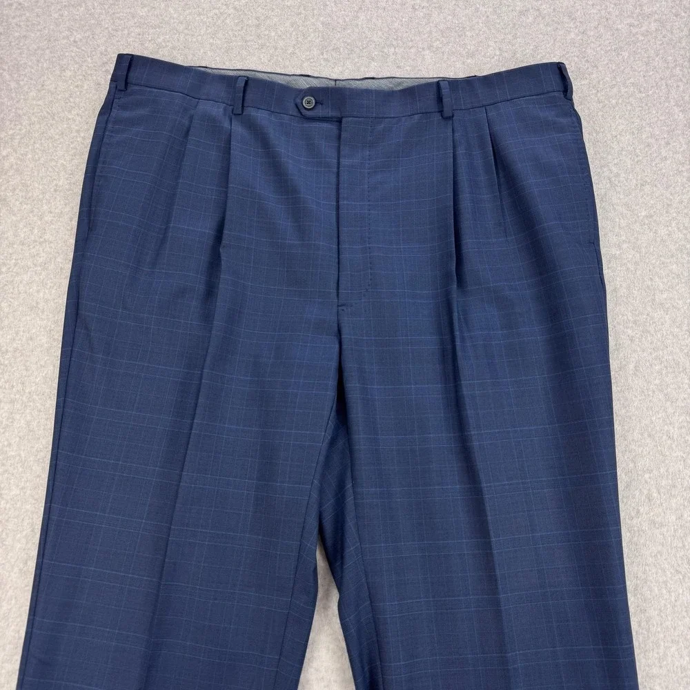 J Hilburn Dress Pants Mens 42x31 Blue Plaid‎ Vitale Barberis Wool Pleated Cuffed